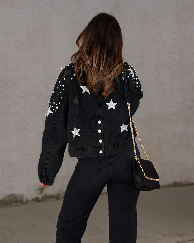 Spring Fashion Casual Loose Heavy Beaded Long Sleeve Denim Jacket for Women