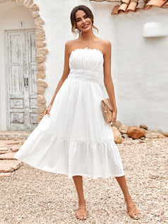 Summer Sweet Casual Waisted Pleated A-Line Strapless Dress for Women