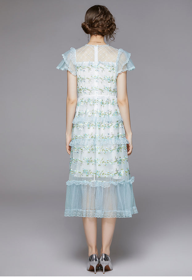 Fashion Short Sleeve Embroidered High Waist to Show Thin Temperament Cake Long Skirt Dress