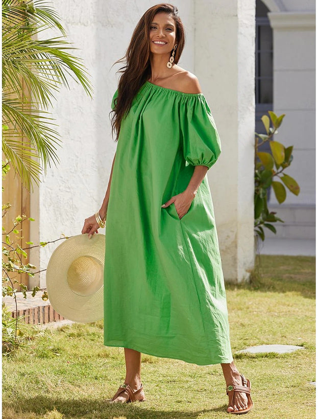 Summer French-Style Casual Elegant with Pocket Puff-Sleeved Dress for Women