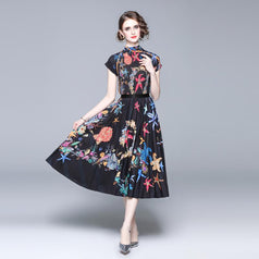 Vintage Print Pleated Short Sleeve Top and Pleated Skirt Fashion Two-Piece Suit