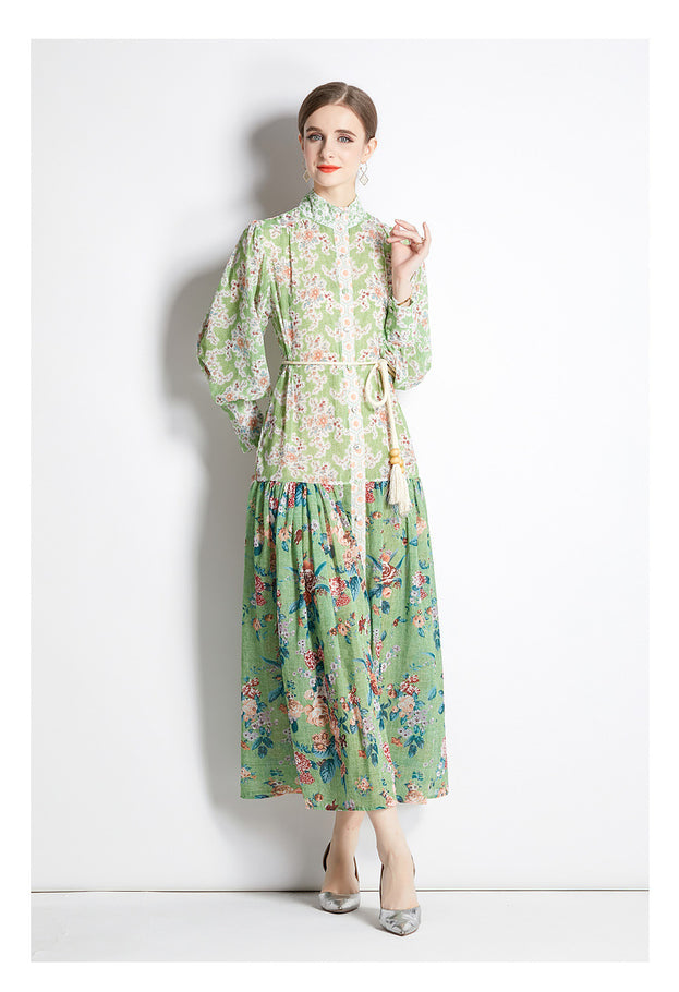 Fashion National Style Retro Stand-up Collar Lantern Sleeve Printed Long Skirt Dress