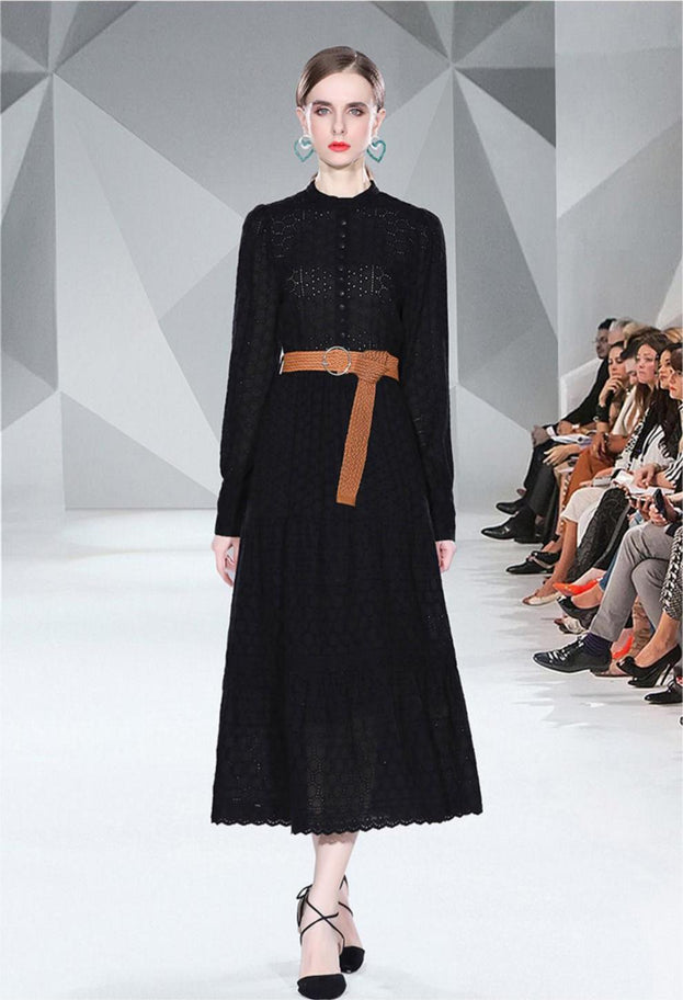 Spring Long Sleeve Hollowed Out Heavy Industry Embroidery Dress
