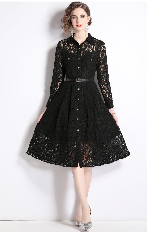 Long-Sleeved Lace Hem Pressed Pleated Metal Buckle Decoration Hollowed Out Mid-Length Dress