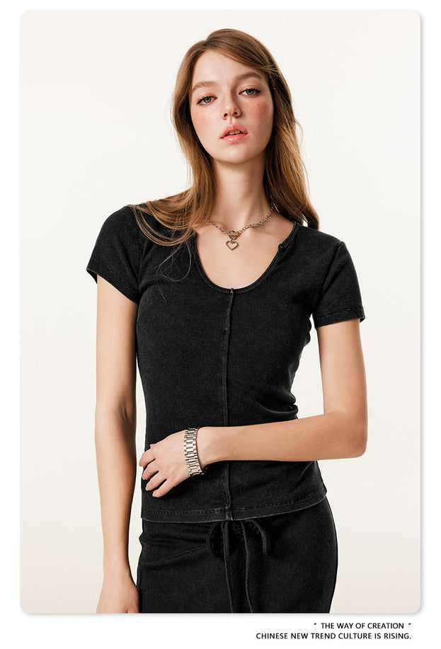 Solid-color Hot Girl Batik Aged Pullover Cotton Top