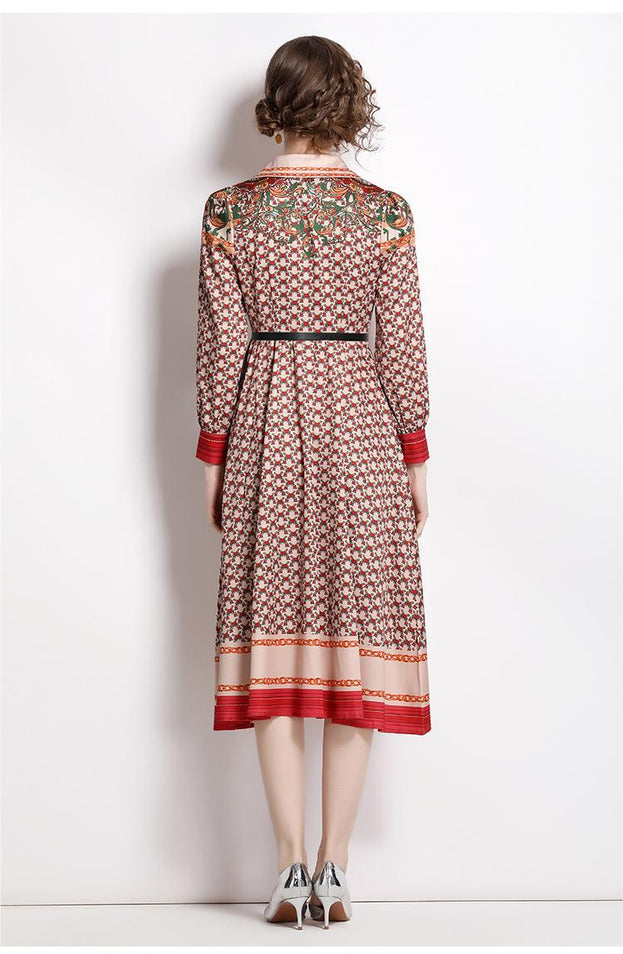 Fashion Vintage Print Dress Lapel Long-Sleeved Temperament Slim MIDI
