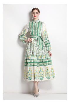 Fashion Retro Slimming Waist Collection Printed Temperament Full-Length Skirt Dress