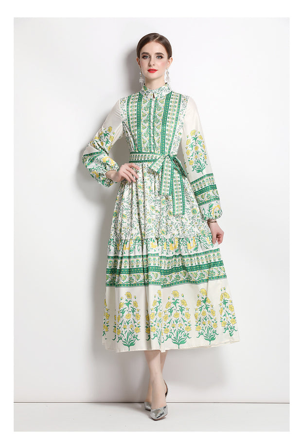 Fashion Retro Slimming Waist Collection Printed Temperament Full-Length Skirt Dress