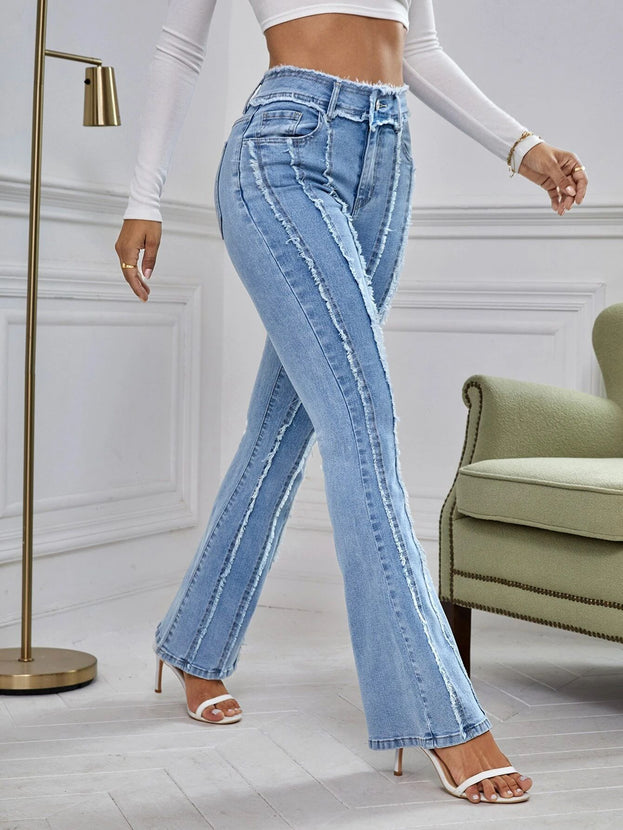 Fashionable and Versatile High-waisted Denim Pant with Slightly Flared Edges for Women