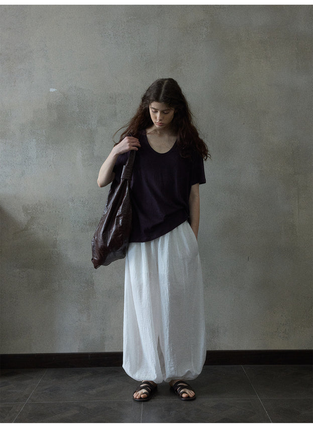 Summer Textured Linen Cotton U-shaped Neck Solid Color Women's T-shirt