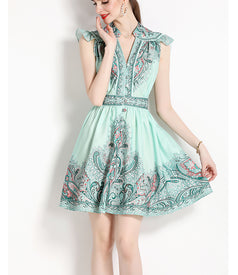 Vintage Printed V-Neck Sleeveless Slim A-Line Skirt Dress
