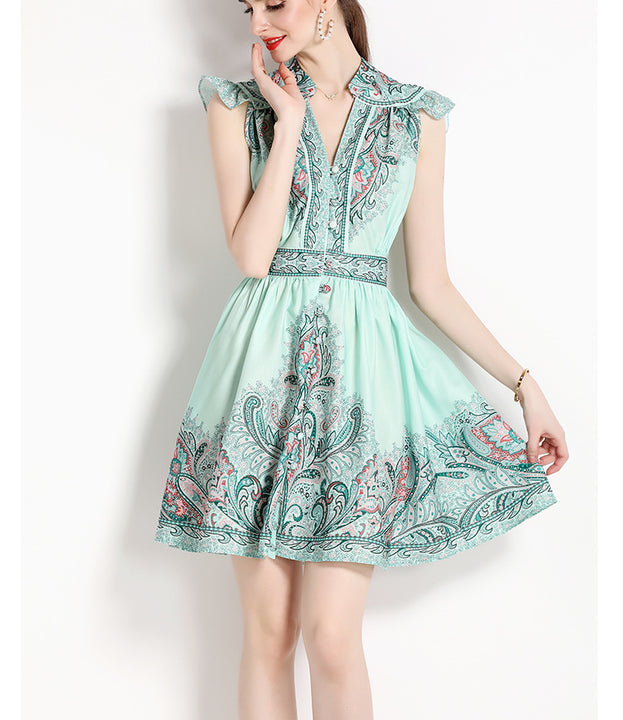 Vintage Printed V-Neck Sleeveless Slim A-Line Skirt Dress