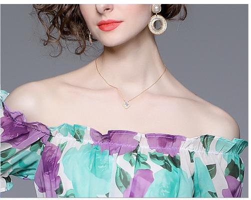Seaside Resort Print Peplum One-Line Neck MIDI Dress