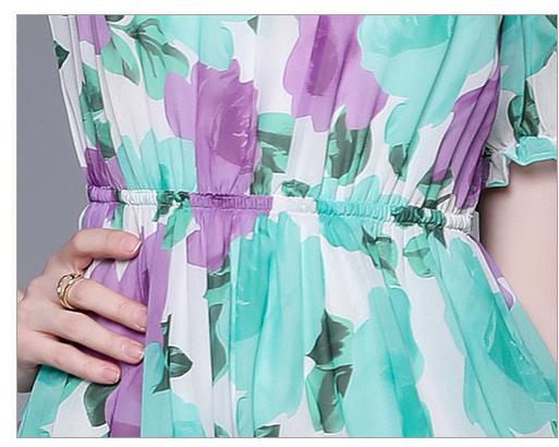 Seaside Resort Print Peplum One-Line Neck MIDI Dress