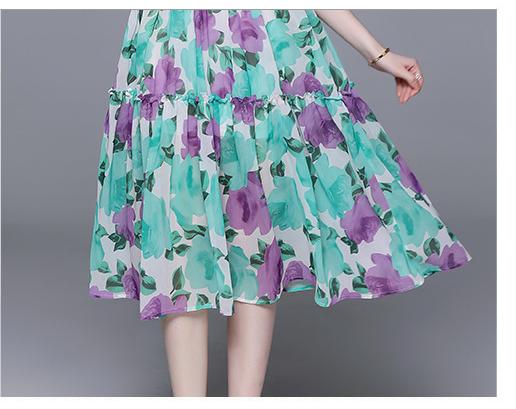 Seaside Resort Print Peplum One-Line Neck MIDI Dress