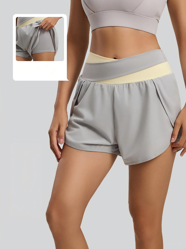 Color-Blocked Faux Two-Piece Anti-Exposure Women's Sports Shorts