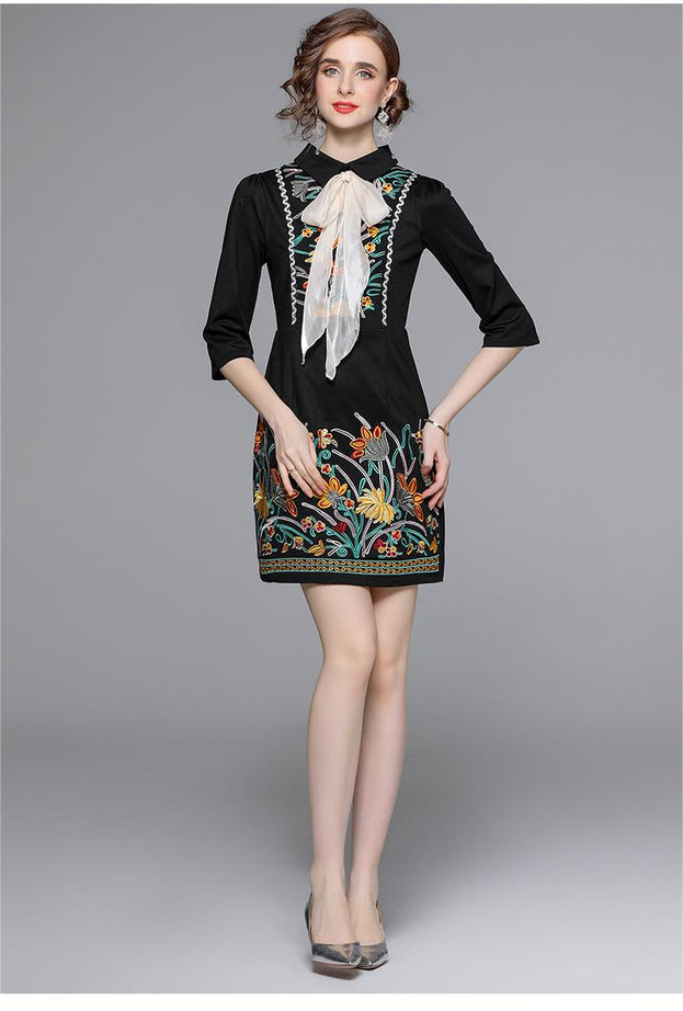 Women's Dress Temperament Retro Embroidery Flower Bow Slim Slimming Skirt Dress