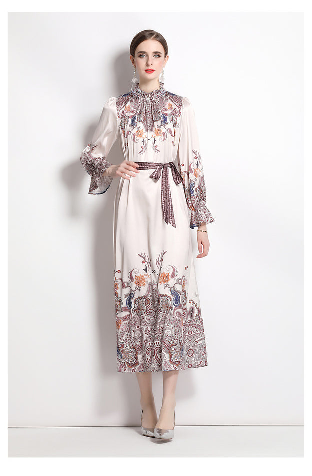 Satin Antique Print Stand Collar Flared Sleeves Lace-Up Waist Pulled into Long Skirt