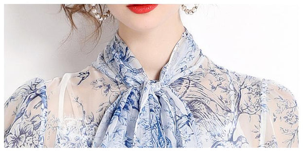 Lace-Up Print Long-Length Holiday Dress with Five-Point Sleeves