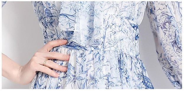 Lace-Up Print Long-Length Holiday Dress with Five-Point Sleeves