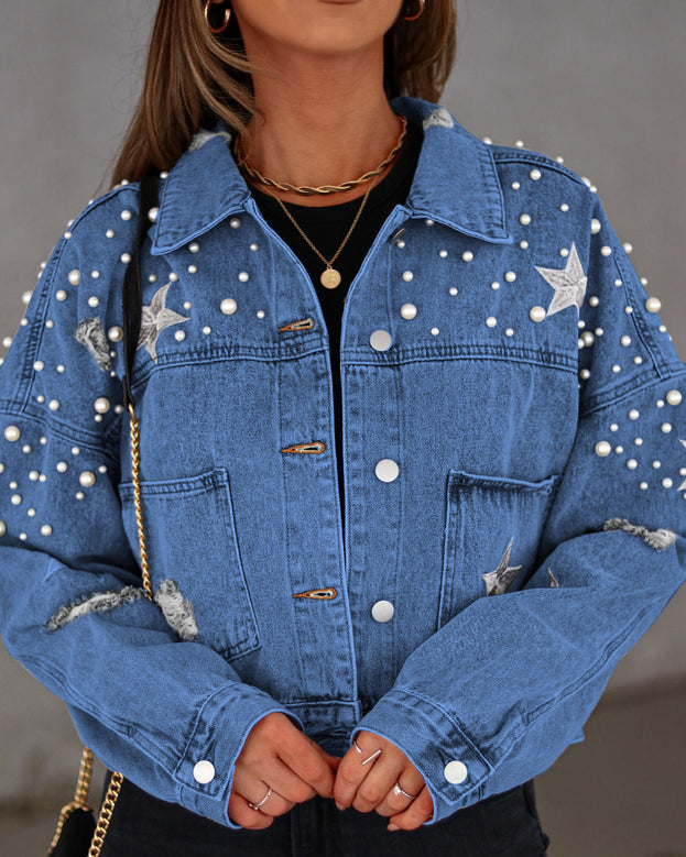 Spring Fashion Casual Loose Heavy Beaded Long Sleeve Denim Jacket for Women