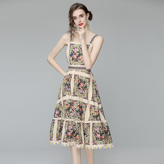 Tassel Suspender Dress Women's Summer New Women's Fashion Printed Slimming Large Swing Skirt