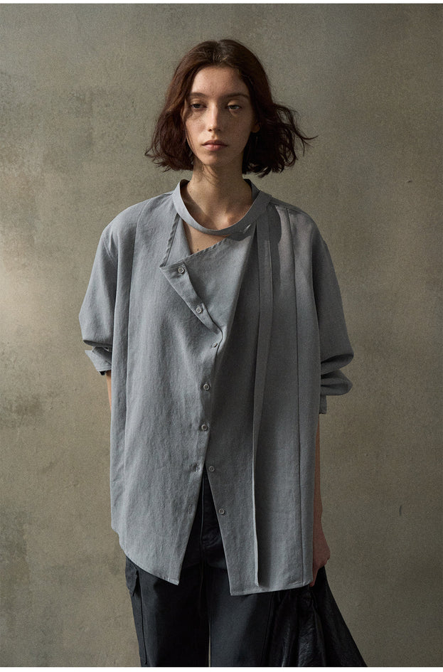 A Casual And Laid-Back With A Tencel Ribbon And Collar Women's Blouse
