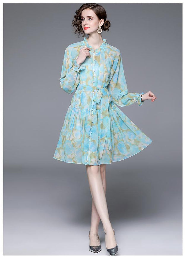 Long-Sleeved Blue Vintage Print Lantern Sleeve Two-Piece Dress with Wooden Ear Trim