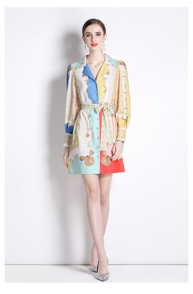Temperament Skirt Stitching Clashing Color Print Long-Sleeved Slimming Retro Dress