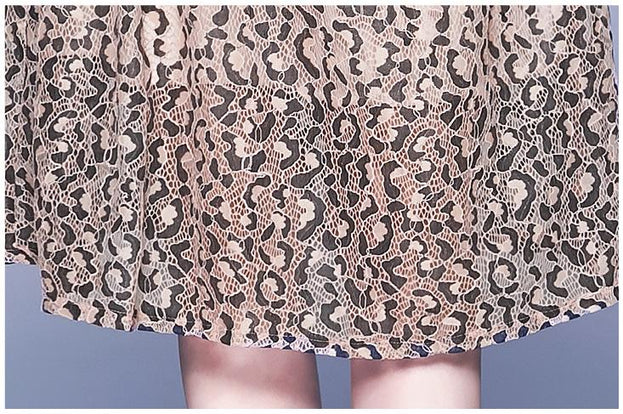 Vintage Leopard Print Lace Seven-Point Sleeve Slim MIDI Dress