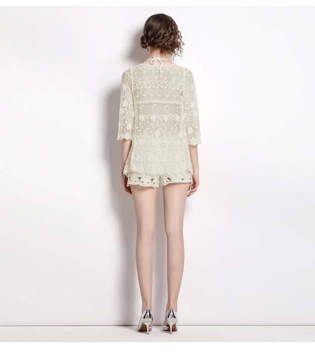 Lace Embroidery Sunscreen Coat and Hand Hook Hollowed Out Belly Cover Suspender and Hand Hook Hollowed Out Lace Shorts Tthree-Piece Set