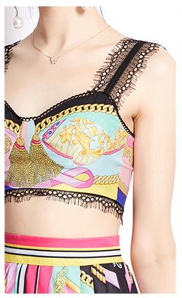 Spring/Summer Resort Print Pleated Skirt and Lace Patchwork Top Suit