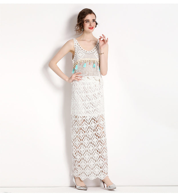 Resort Wind Hook Flower Embroidery Hollowed Out Vest Top and Long Half Skirt Two-Piece Set