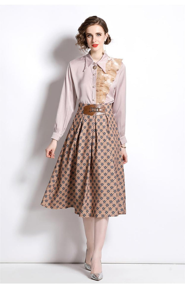 New Women's Temperament Retro Lapel Long-Sleeved Shirt and Mid-Length Skirt Two-Piece Suit