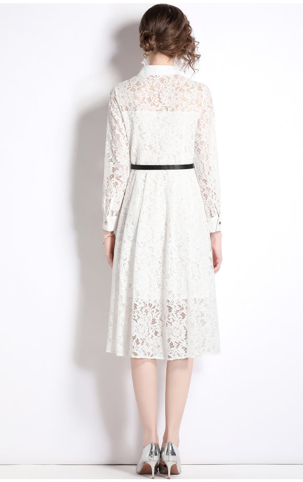 Long-Sleeved Lace Hem Pressed Pleated Metal Buckle Decoration Hollowed Out Mid-Length Dress