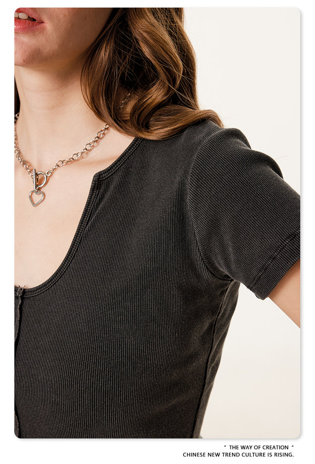 Solid-color Hot Girl Batik Aged Pullover Cotton Top