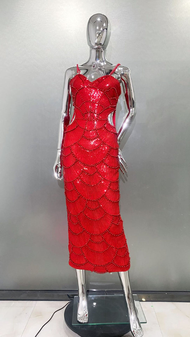 Summer Sexy and Fashionable Sequined Beaded Cutout Party Slip Dress for Women