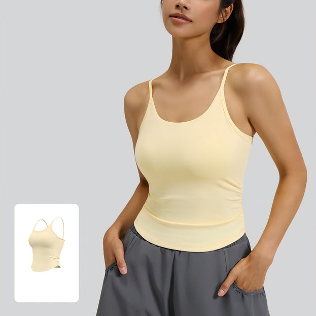 Waist-Closing Pleated Sports Top with Built-in Cups