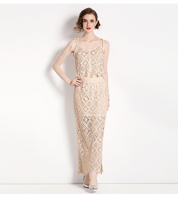 Hook Floral Embroidery Lace Hollowed Out Short Style Suspender and Bag Hip Split Half Dkirt Two-Piece Set