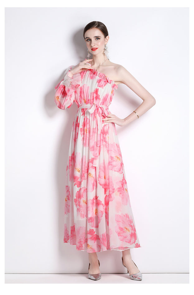Printed Dress Chiffon Diagonal Shoulder Beach Skirt Seaside Holiday Maxi Skirt