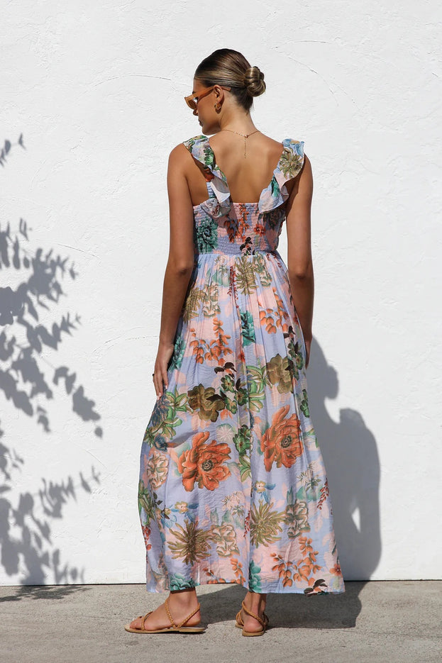 Summer Printed V-Neck Waisted Flowy Holiday-Style Slip Dress for Women