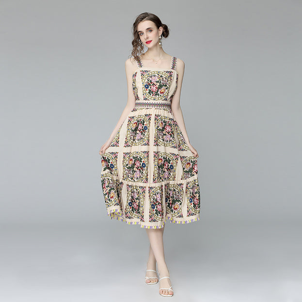 Tassel Suspender Dress Women's Summer New Women's Fashion Printed Slimming Large Swing Skirt