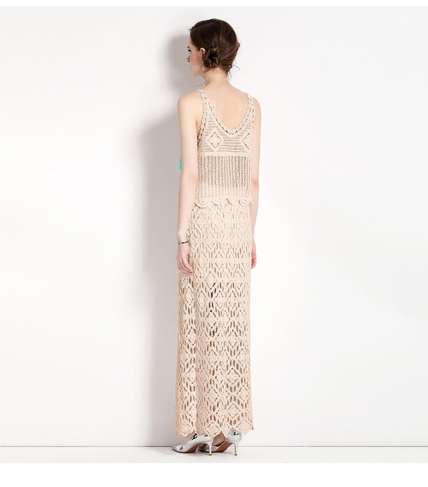 Resort Wind Hook Flower Embroidery Hollowed Out Vest Top and Long Half Skirt Two-Piece Set
