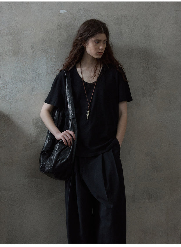 Summer Textured Linen Cotton U-shaped Neck Solid Color Women's T-shirt