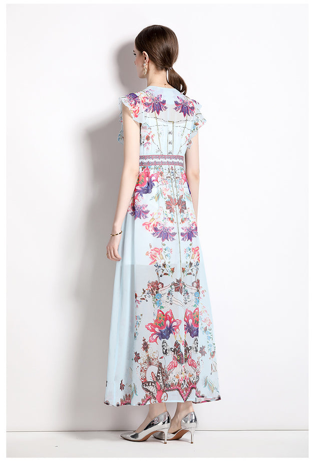 Resort Style Printed Chiffon Small Flying Sleeve V-Neck Dress Slim Long Skirt