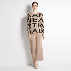 Monogram Sweater Top and Solid Pant Two-Piece Set