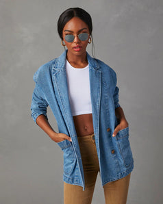 Fashionable and Casual Long-Sleeved Washed Blue Denim Blazer with Pockets for Women