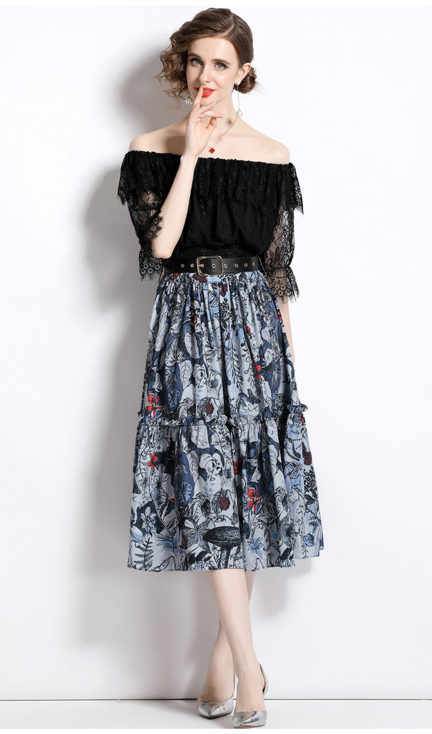 Women's One-Line Neck Lace Top and Vintage Printed Half Skirt Two-Piece Suit