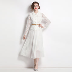 Water-Soluble Pleat Splicing Chiffon High-Waisted Lapel Long-Sleeved Fake Two-Piece Long Skirt Dress