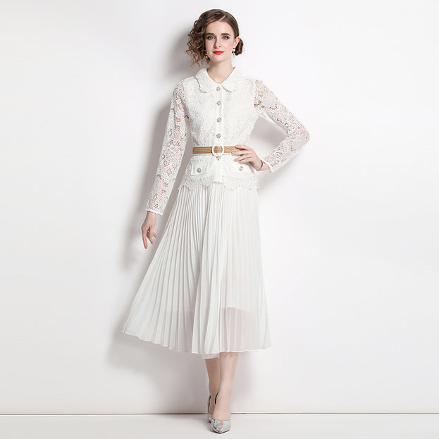 Water-Soluble Pleat Splicing Chiffon High-Waisted Lapel Long-Sleeved Fake Two-Piece Long Skirt Dress